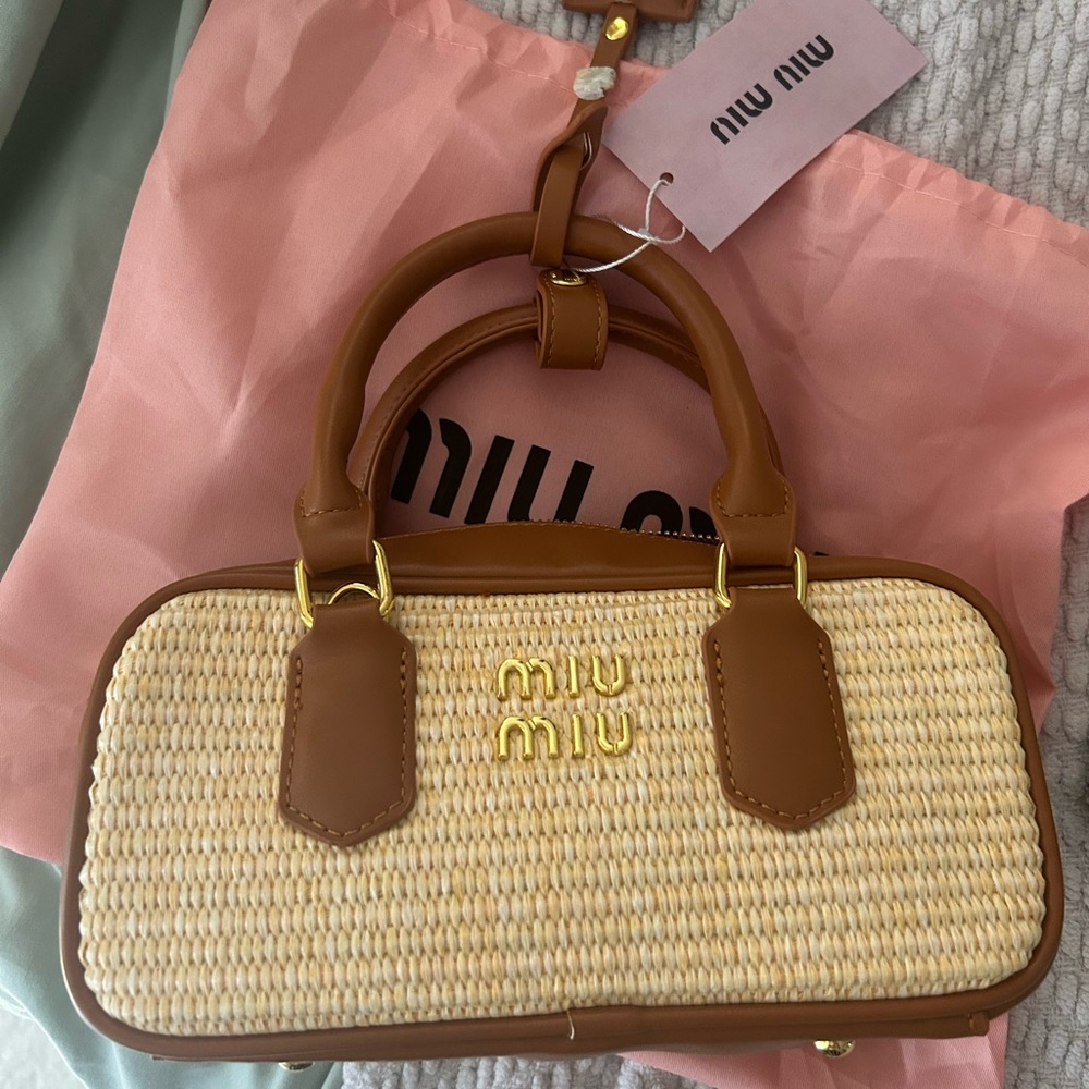 Miu Miu Brown Leather and Gold Accent Bag Straw and Raffia Bag